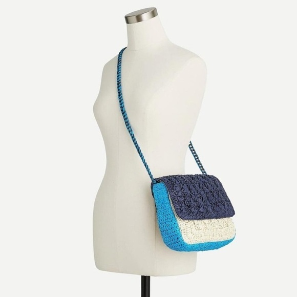 J. CREW COLORBLOCKED RAFFIA CROSSBODY BLUE CHAIN SUMMER BAG - Picture 1 of 12